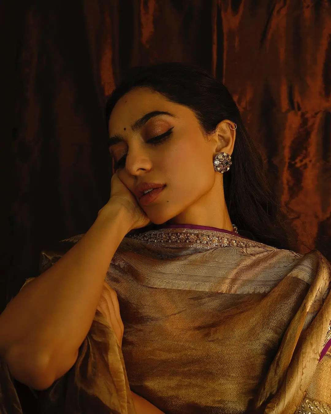 Sobhita Dhulipala In Beautiful Earrings Jewellery Orange Saree Blouse